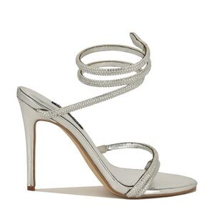 Nine West Silver Strappy Rhinestone Spiral Ankle High Heel Sandals